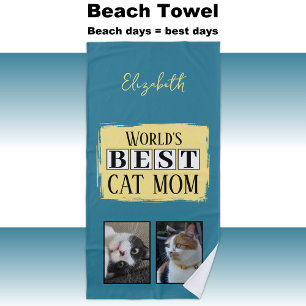 Beste Katze Mutter 2 Foto Name blau gelb Strandtuch