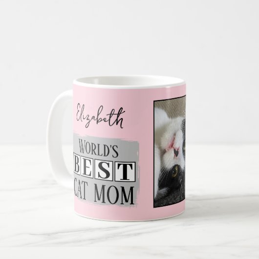 Beste Katzenmutter 2 Foto Name pink grau Kaffeetasse (Vorderseite Links)