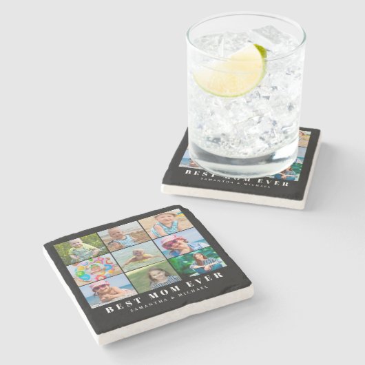 Beste Mama 9 FotoCollage Steinuntersetzer (Seitenansicht)