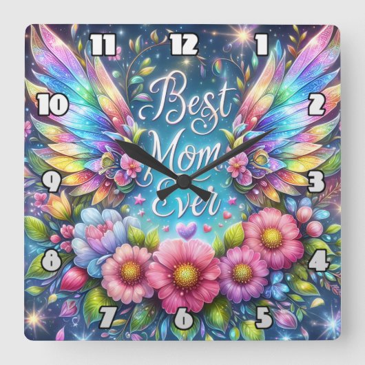 Beste Mama: Engel Wings, Blumentribut Quadratische Wanduhr (Vorderseite)