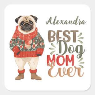 Beste Mama für Hunde je Mops Wasserfarbe Quadratischer Aufkleber