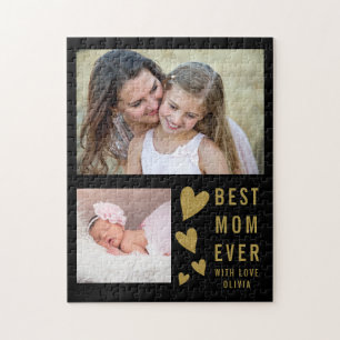 Beste Mama je 2 Foto Collage Black and Gold Puzzle