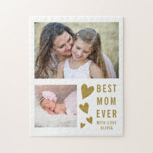 Beste Mama je 2 Foto Collage White und Gold Puzzle