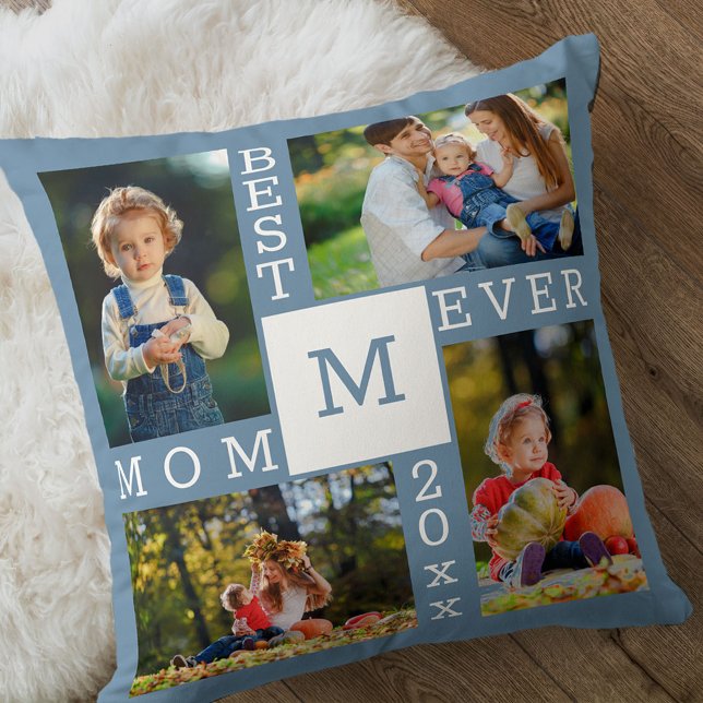 Beste Mama je 4 Foto Collage Blue White Monogram Kissen (Von Creator hochgeladen)