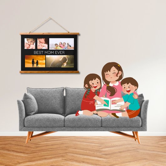 Beste Mama je 5 Foto Collage Black Wandteppich Mit Holzrahmen
