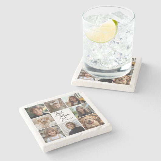 Beste Mama je 8 Foto Collage Throw Kissen Steinuntersetzer (Seitenansicht)