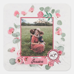 Beste Mama je Abzeichen Name des Fotos Quadratischer Aufkleber