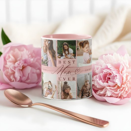 Beste Mama je Familienfoto Collage Rosa Holzkörner Tasse