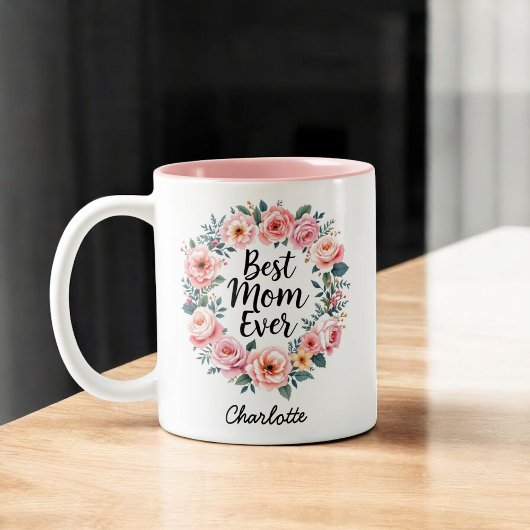 Beste Mama je | Floral Wreath | Niedlicher Muttert Zweifarbige Tasse