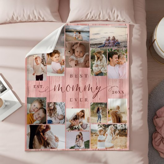 Beste Mama je Foto Collage Pink Woodgrain Fleecedecke