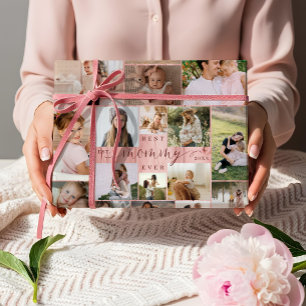 Beste Mama je Foto Collage Pink Woodgrain Geschenkpapier Set