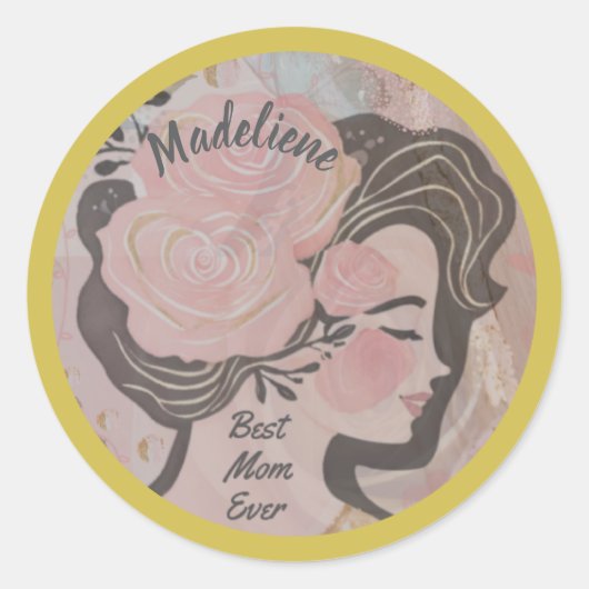Beste Mama je Hübsche Blume Gold Frame Round Name Runder Aufkleber (Vorderseite)