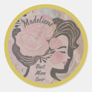 Beste Mama je Hübsche Blume Gold Frame Round Name Runder Aufkleber