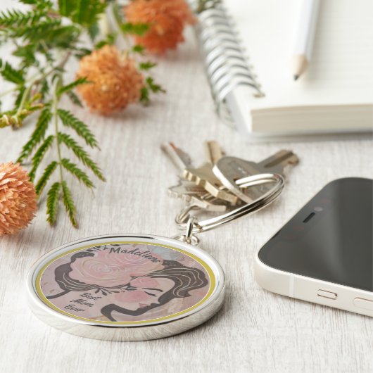 Beste Mama je Hübsche Blume Gold Frame Round Name Schlüsselanhänger (Seite)