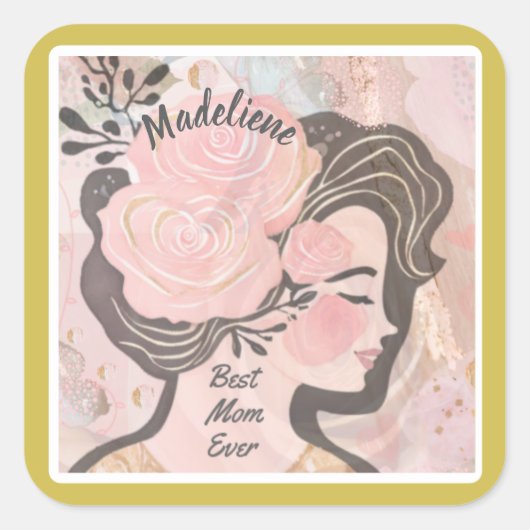 Beste Mama je Hübsche Blume Goldrahmen-Name Quadratischer Aufkleber (Vorderseite)