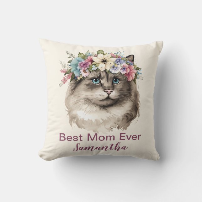 Beste Mama je Monogramm Name Wasserfarbenflorenkat Kissen (Vorderseite)