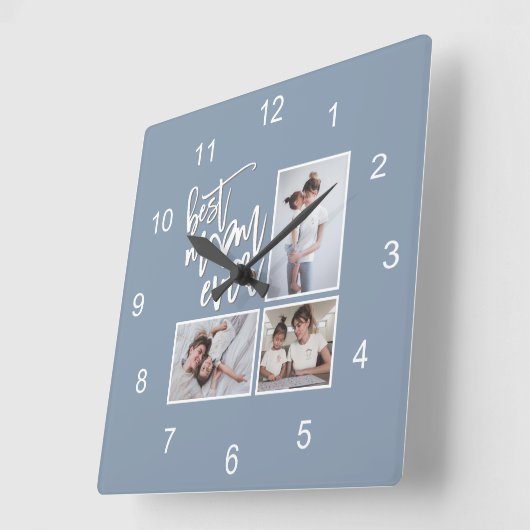 Beste Mama je Mum 3 Fotos Script Dusty Blue Quadratische Wanduhr (Winkel)