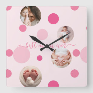 Beste Mama je Muttertag Foto Rosa Polka Dots Quadratische Wanduhr