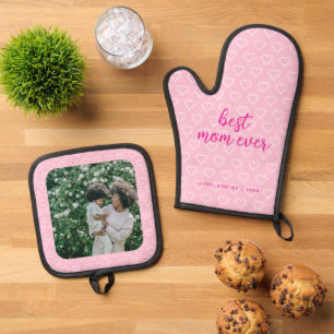 Beste Mama je Niedlich rosa Herzmuster Foto Trendy Ofenhandschuh & Topflappen-Set
