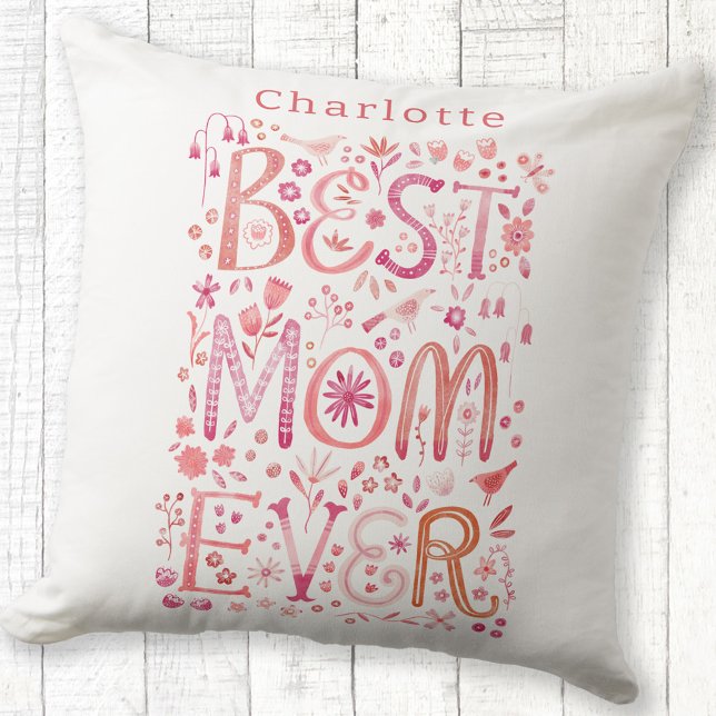 Beste Mama je Personalisiert Wasserfarbe Kissen (Personalized name Best Mom Ever hand lettered floral pillow)