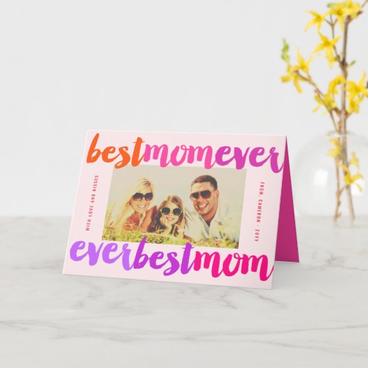 Beste Mama je rosa Fett Pinselschrift Modernes Fot Karte (Gelbe Blume)