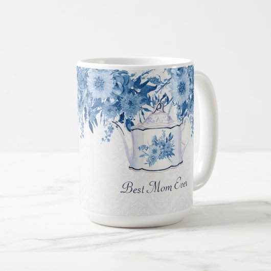 Beste Mama je Teapot Navy Blau in weißen Blume Kaffeetasse (VorderseiteRechts)