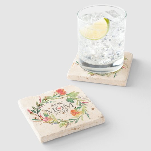 Beste Mama je Wasserfarben Blume Wraath Steinuntersetzer (Seitenansicht)