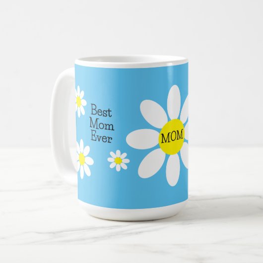 Beste Mama je White Daisies Sky Blue Blume Kaffeetasse (Vorderseite Links)
