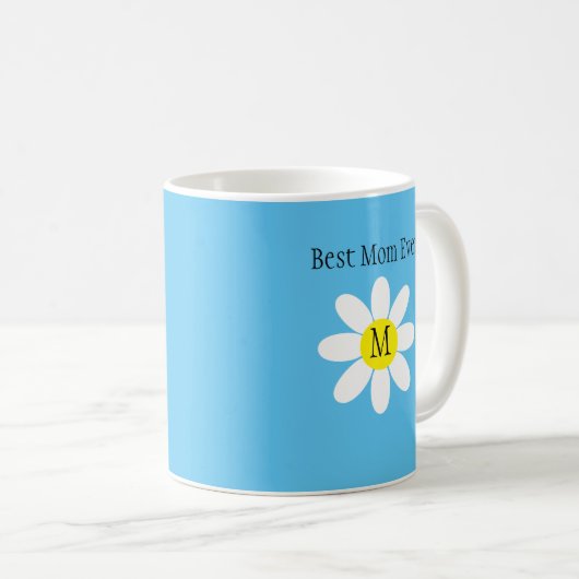 Beste Mama je White Daisy Sky Blue Single Initial Kaffeetasse (VorderseiteRechts)