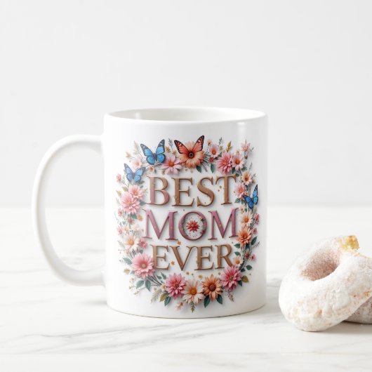 Beste Mama je Zitat Schmetterlinge und Blume Kaffeetasse (Mit Donut)