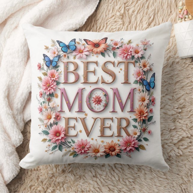 Beste Mama je Zitat Schmetterlinge und Blume Kissen (Decke)