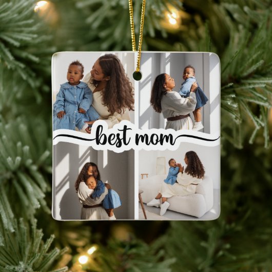 Beste Mama Personalisiert 4 FotoCollage Keramikornament (Baum)