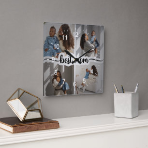 Beste Mama Personalisiert 4 FotoCollage Quadratische Wanduhr