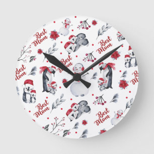 Beste Mama Pinguin Weihnachtsmuster Runde Wanduhr