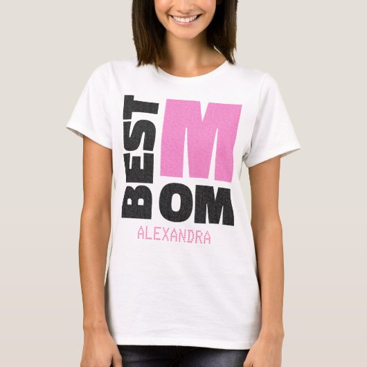 Beste Mama Rosa Schwarzer Glitzer Name angepasst T-Shirt (Vorderseite)