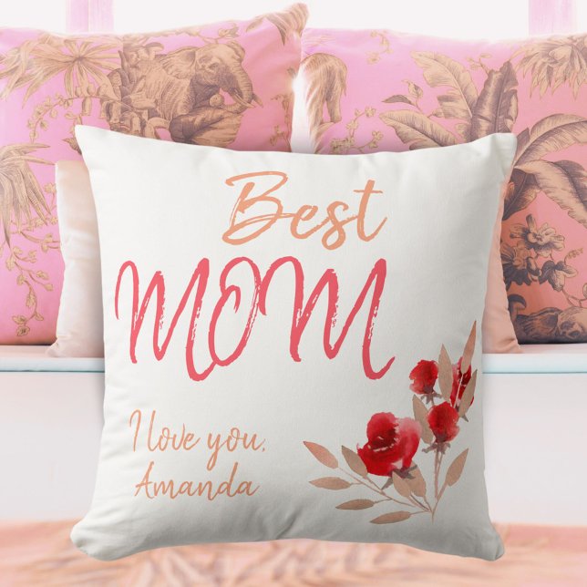 Beste Mama Script Red Watercolor Rose Floral Kissen (Von Creator hochgeladen)