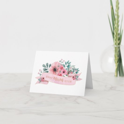 Beste Mum je rosa Blumengrün Karte (Vorderseite)