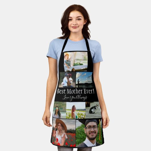 Beste Mutter je 8 Foto Collage White Script Schürze (Getragen)