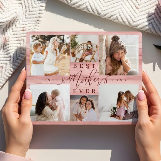 Beste Mutter je Foto Collage Pink Woodgrain Fotoplatte
