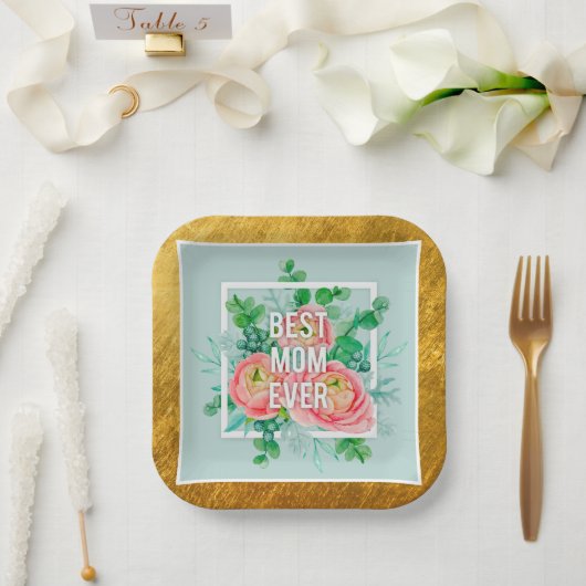 Beste Mutter überhaupt Wasserfarbe Floral Grün & G Pappteller (Hochzeit)