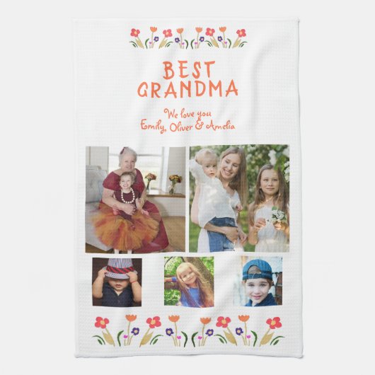 Beste Oma-Blume 5 Foto Collage Keepake Geschirrtuch (Vertikal)