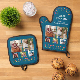 Beste Oma-Blume 5 Foto Collage Keepake Ofenhandschuh & Topflappen-Set