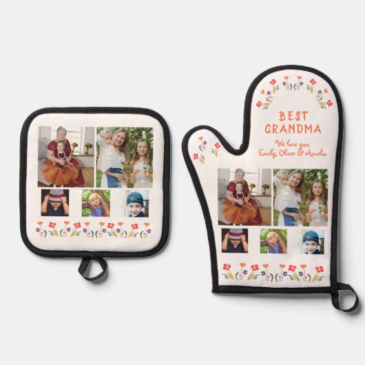 Beste Oma-Blume 5 Foto Collage Keepake Ofenhandschuh & Topflappen-Set (Vorderseite)