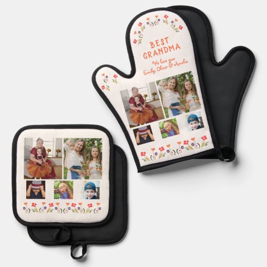 Beste Oma-Blume 5 Foto Collage Keepake Ofenhandschuh & Topflappen-Set (Vorderseite/Rückseite)