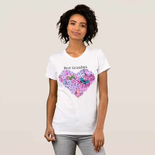Beste Oma-Blume und Schmetterlinge Herz / Neck T-Shirt (Vorne ganz)