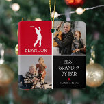 Beste Opa von Par Foto Collage Weihnachten Keramikornament<br><div class="desc">Überraschen Sie Ihren Golfprofi Opa zu Weihnachten mit diesem niedlichen Foto Sake-Ornament. Fügen Sie einfach 2 (2) Bilder von Ihrem Telefon oder Computer zu diesem Design hinzu. Das Design umfasst eine moderne weiße Golfer-Illustration, die mit ihrem Namen unter einem farbigen Block personalisiert ist, den süßen Pun, der "Beste Opa von...</div>