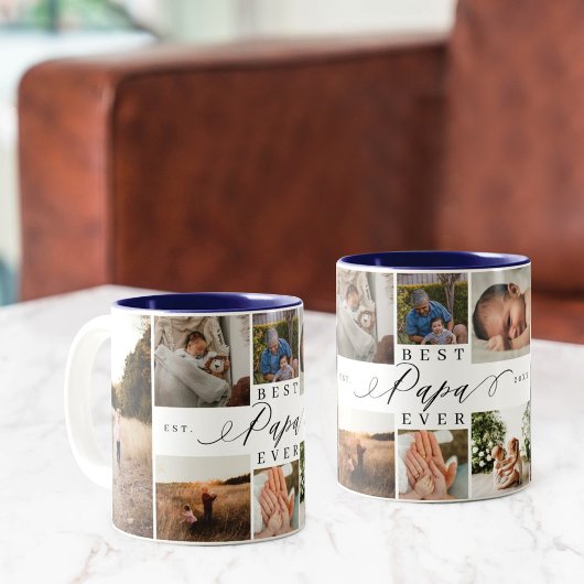 Beste Papa Ever Elegantes Script 8 FotoCollage Zweifarbige Tasse