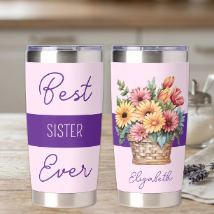 Beste Schwester ever Gerbera Blumen rosa Thermobecher