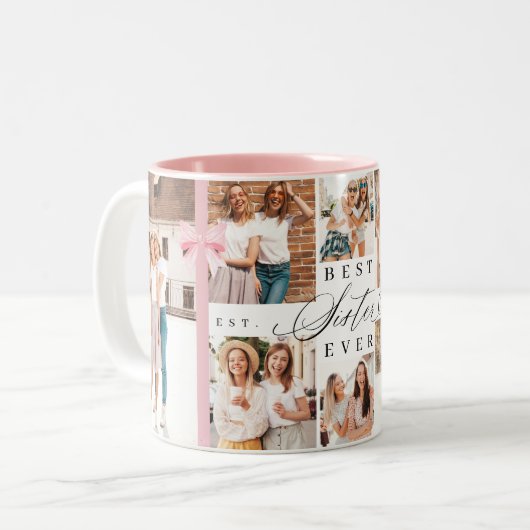 Beste Schwester je Sister Script Bow Foto Collage Zweifarbige Tasse (Vorderseite Links)