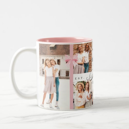 Beste Schwester je Sister Script Bow Foto Collage Zweifarbige Tasse (Links)